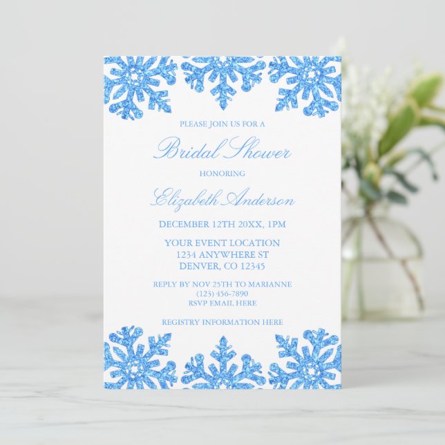 Blue Snowflake Winter Bridal Shower Invitation (Standing Front)