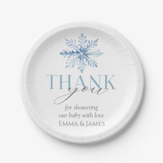 Blue Snowflake Winter Holiday Paper Plates (Front)