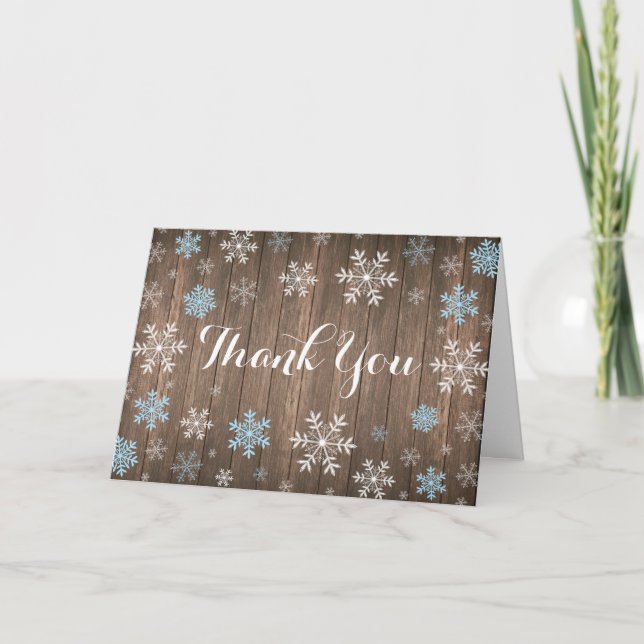 Blue Snowflake Winter Rustic Folded Thank You Card (Front)