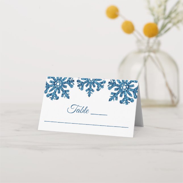 Blue Snowflake Winter Wedding Place Card (Front)