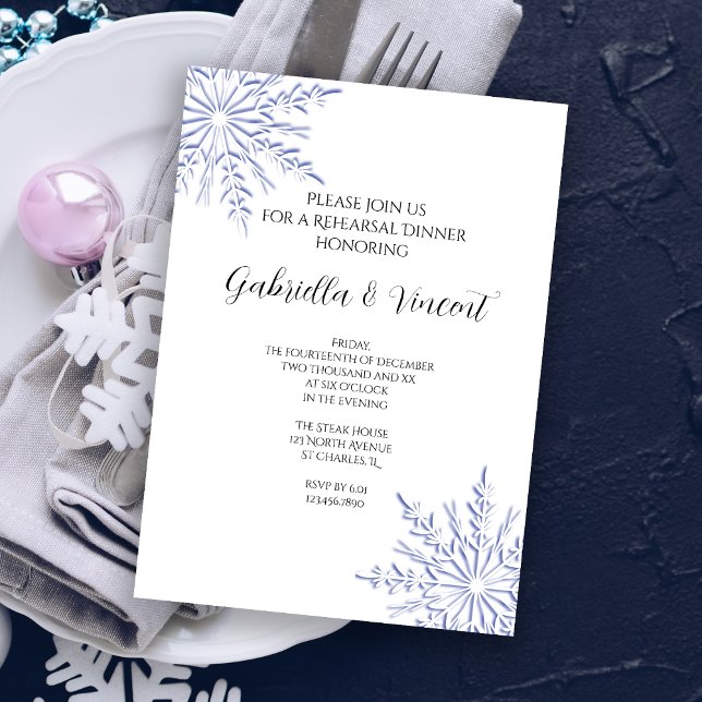 Blue Snowflake Winter Wedding Rehearsal Dinner Invitation (Creator Uploaded)