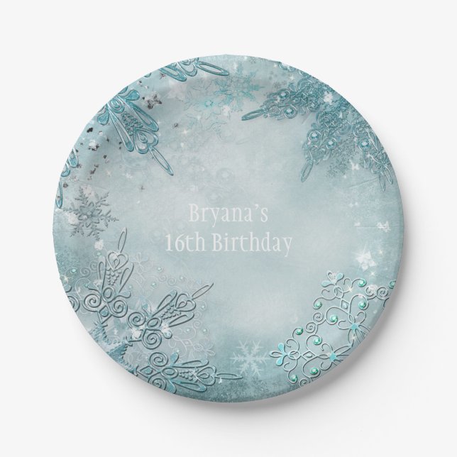 Blue Snowflake Winter Wonderland Elegant Party Paper Plate (Front)