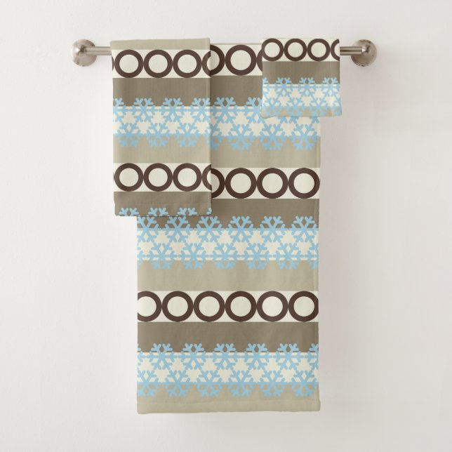 Blue Snowflakes and Brown Circles Winter Pattern Bath Towel Set (Insitu)