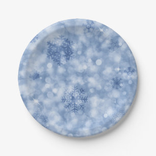 Blue snowflakes and sparkles paper plate