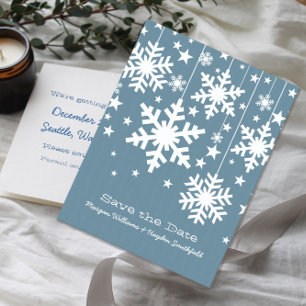 Blue Snowflakes and Stars Save the Date Postcard