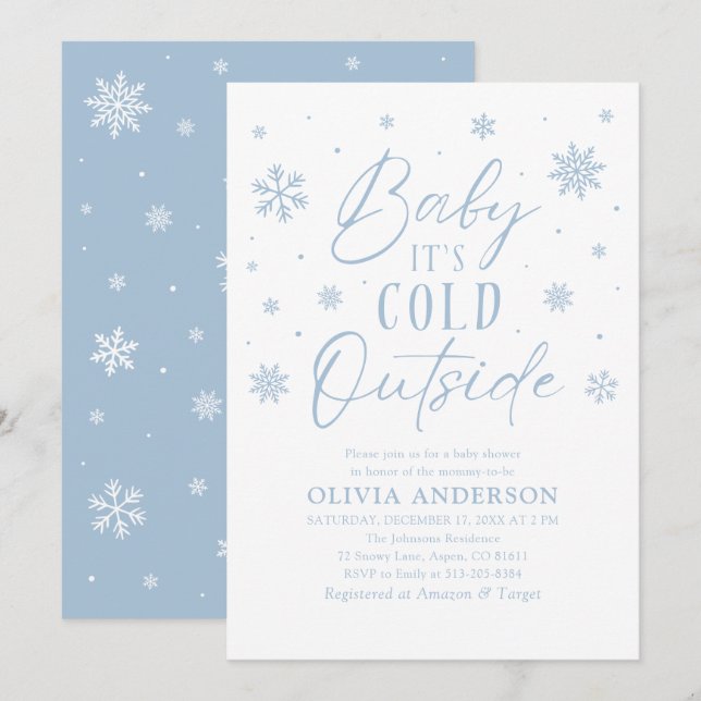 Blue Snowflakes Baby It's Cold Outside Baby Shower Invitation (Front/Back)