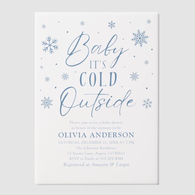 Blue Snowflakes Baby It's Cold Outside Baby Shower Vellum Invitations (Front)
