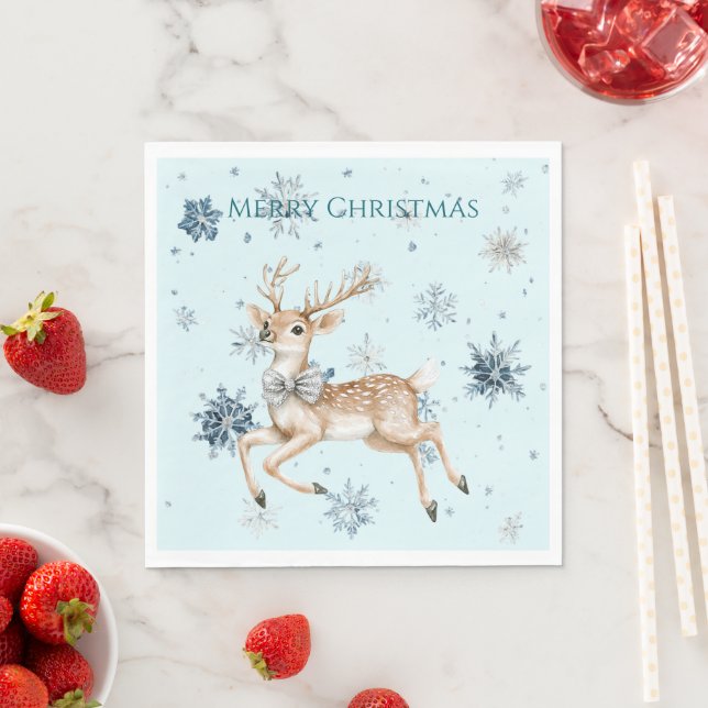 Blue Snowflakes Christmas Deer with Bow Napkin (Insitu)