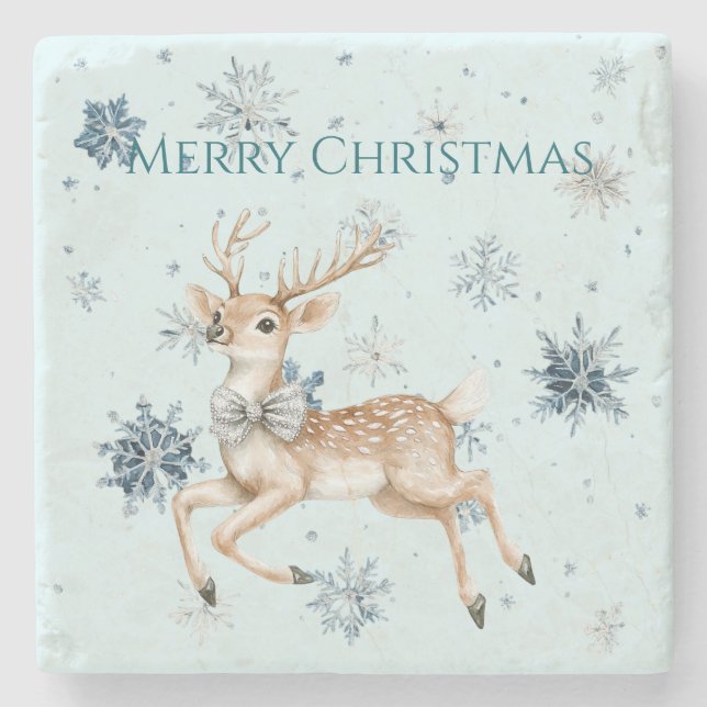 Blue Snowflakes Christmas Deer with Bow Stone Coaster (Front)