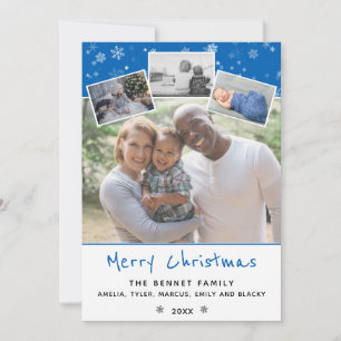 Blue Snowflakes Christmas Family 4 Photo Collage Holiday Card