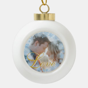 Blue Snowflakes Christmas Love Personalised Photo Ceramic Ball Christmas Ornament