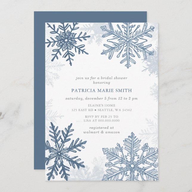 Blue Snowflakes Christmas Winter Bridal Shower Invitation (Front/Back)