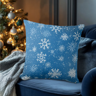 Blue Snowflakes Classic Winter White Snow Cushion