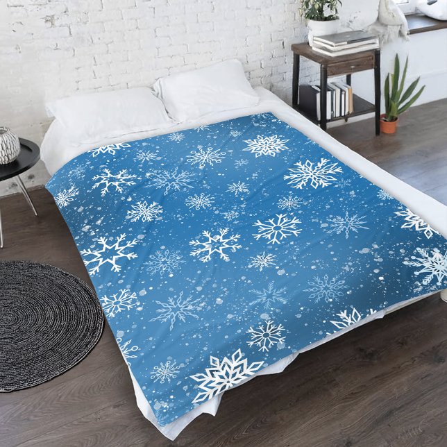 Blue Snowflakes Classic Winter White Snow Fleece Blanket (Creator Uploaded)