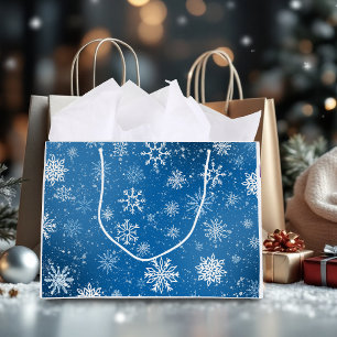 Blue Snowflakes Classic Winter White Snow Large Gift Bag