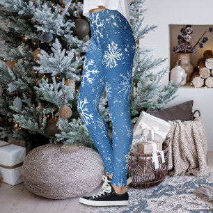 Blue Snowflakes Classic Winter White Snow Leggings