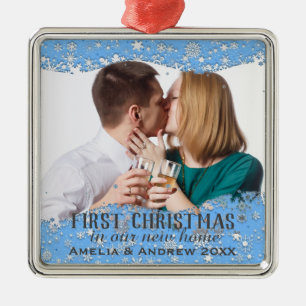 Blue Snowflakes Custom Photo Christmas in New Home Metal Tree Decoration