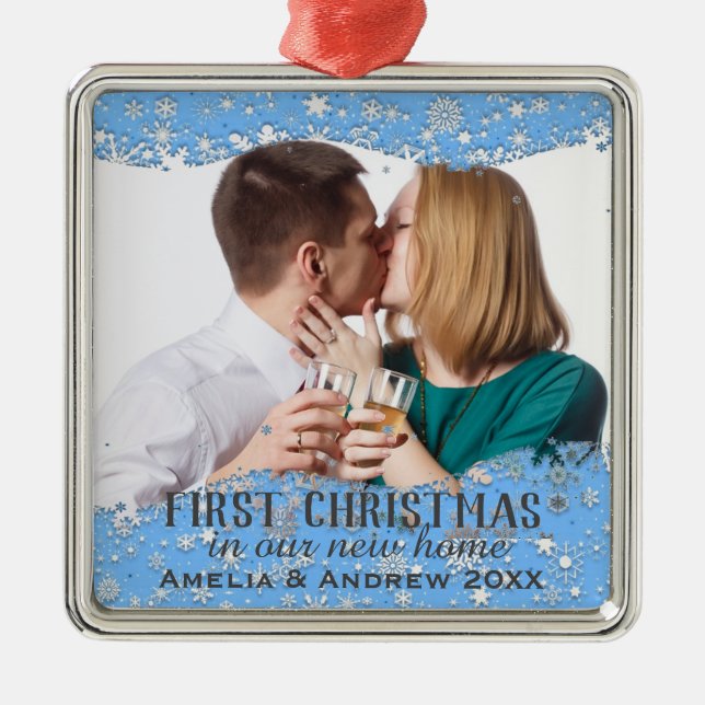 Blue Snowflakes Custom Photo Christmas in New Home Metal Tree Decoration (Front)