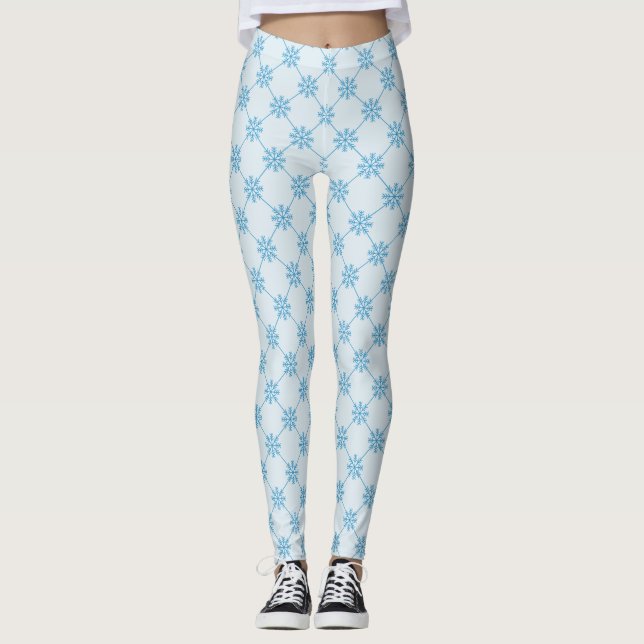 Blue Snowflakes Diagonal Square Pattern Leggings (Front)