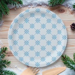 Blue Snowflakes Diagonal Square Pattern Paper Plate