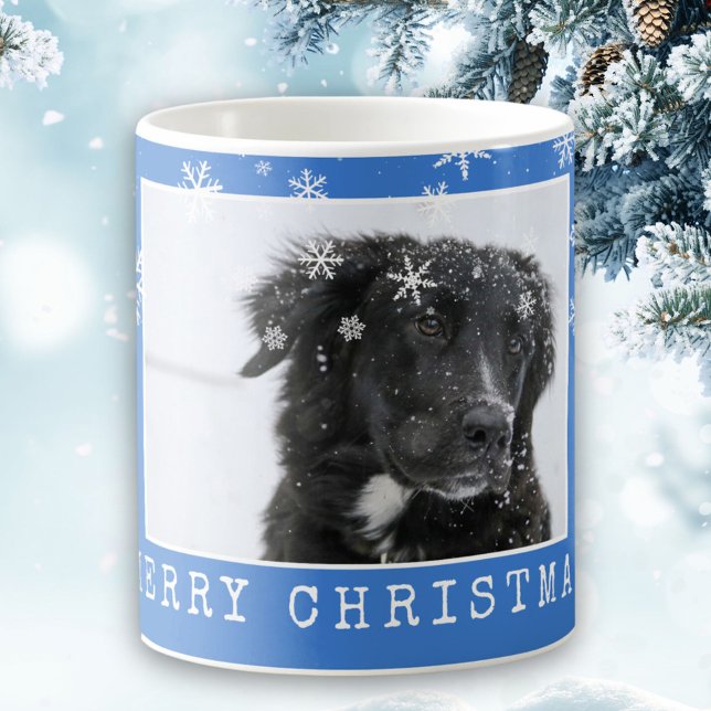 Blue Snowflakes Dog Pet Photo Merry Christmas Coffee Mug (Creator Uploaded)