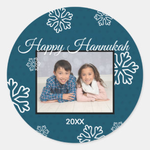 Blue Snowflakes Happy Hanukkah - Circle Sticker