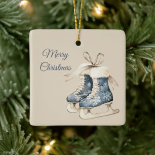 Blue Snowflakes Ice Skates Ceramic Ornament