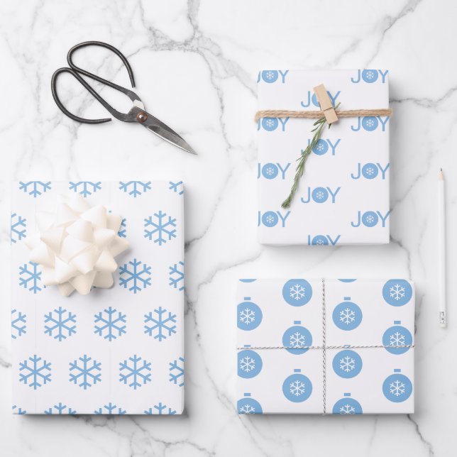 Blue Snowflakes, Joy and Christmas Balls Pattern Wrapping Paper Sheet (Front)