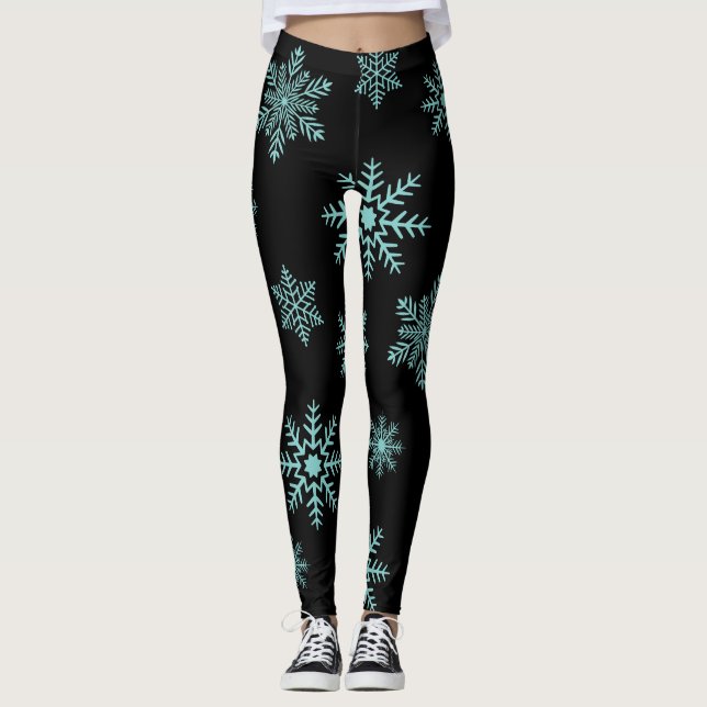 Blue Snowflakes on black Leggings (Front)