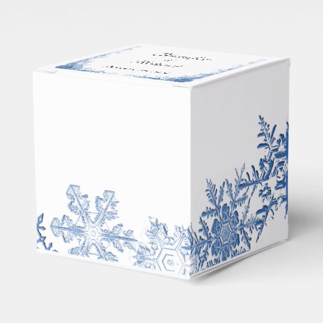 Blue Snowflakes on White Wedding Favour Box (Front Side)