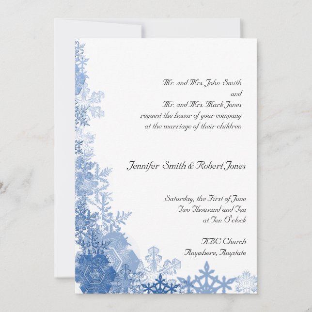 Blue Snowflakes on White Wedding Invitation (Front)