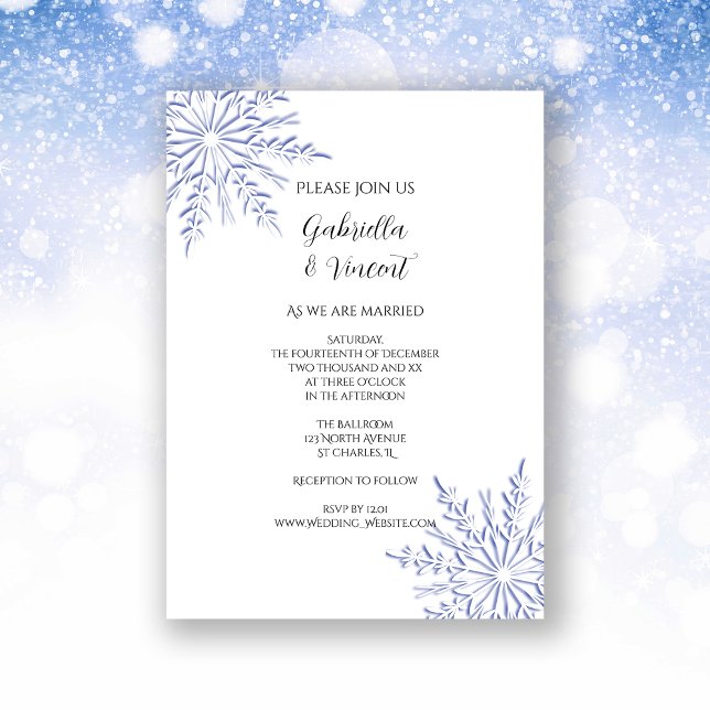 Blue Snowflakes on White Winter Wedding Invitation (Creator Uploaded)