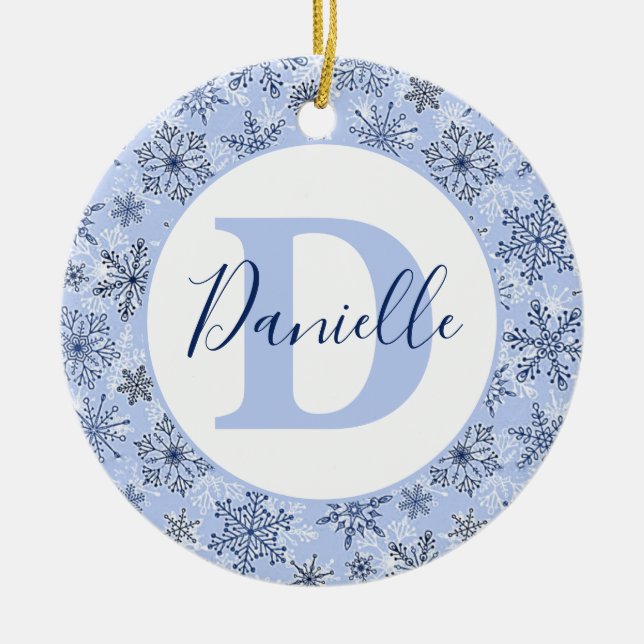 Blue snowflakes personalised ceramic tree decoration (Front)