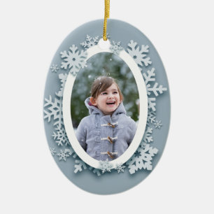 Blue Snowflakes Photo Ceramic Tree Decoration