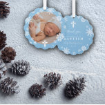 Blue Snowflakes Photo Winter Baptism Thank You Tree Decoration Card<br><div class="desc">Beautiful winter baptism thank you ornaments in blue with snowflakes,  a white cross,  and a photo of your baby.</div>
