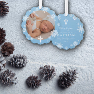 Blue Snowflakes Photo Winter Baptism Thank You Tree Decoration Card