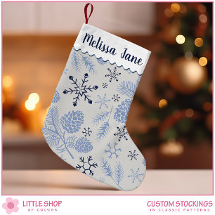 Blue Snowflakes Pinecones Customisable Monogram Small Christmas Stocking