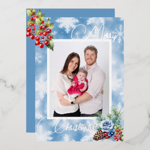 Blue Snowflakes Red Berries Christmas Greeting