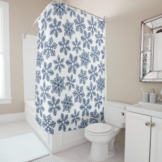 Blue snowflakes shower curtain (In Situ)