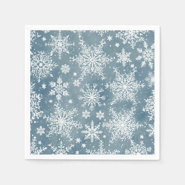 Blue Snowflakes Watercolor Winter Holiday Napkin (Front)
