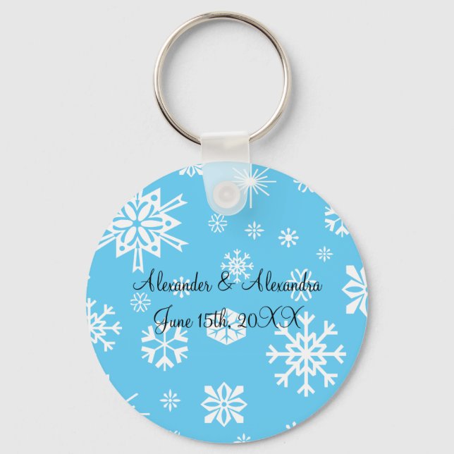 Blue snowflakes wedding favours key ring (Front)