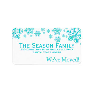 Blue snowflakes "we've moved" Christmas label