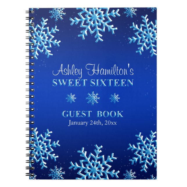 Blue Snowflakes Winter Sweet 16 Guest Book (Front)