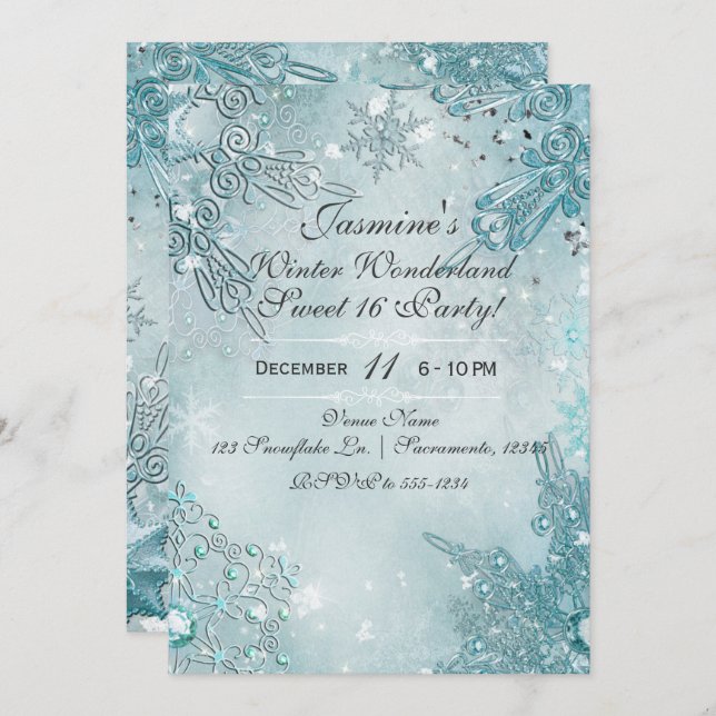 Blue Snowflakes Winter Wonderland Holiday Party Invitation (Front/Back)