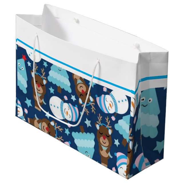 Blue Snowman and Blue Christmas Tree Gift Bag (Front Angled)