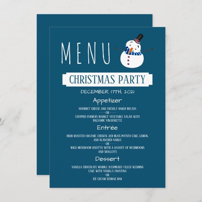 Blue Snowman, Christmas Party Menu Invitation (Front/Back)