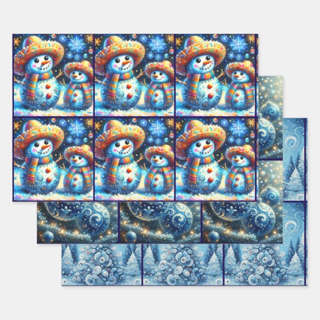 Blue Snowman Christmas Tree Baubles Decoupage Wrapping Paper Sheet (Set)