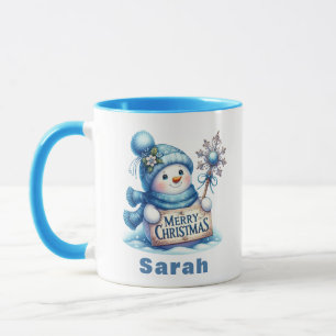 Blue Snowman Merry Christmas Sign Mug