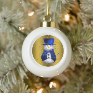 Blue Snowman on Gold Christmas Ceramic Ball Christmas Ornament