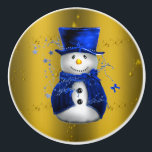 Blue Snowman on Gold Christmas Ceramic Knob<br><div class="desc">A cute and colourful Christmas pattern featuring snowmen dressed in blue velvet top hat and vests,  on a festive golden background with gold stars to add a stylish and whimsical touch to your Christmas home decorations this year.</div>